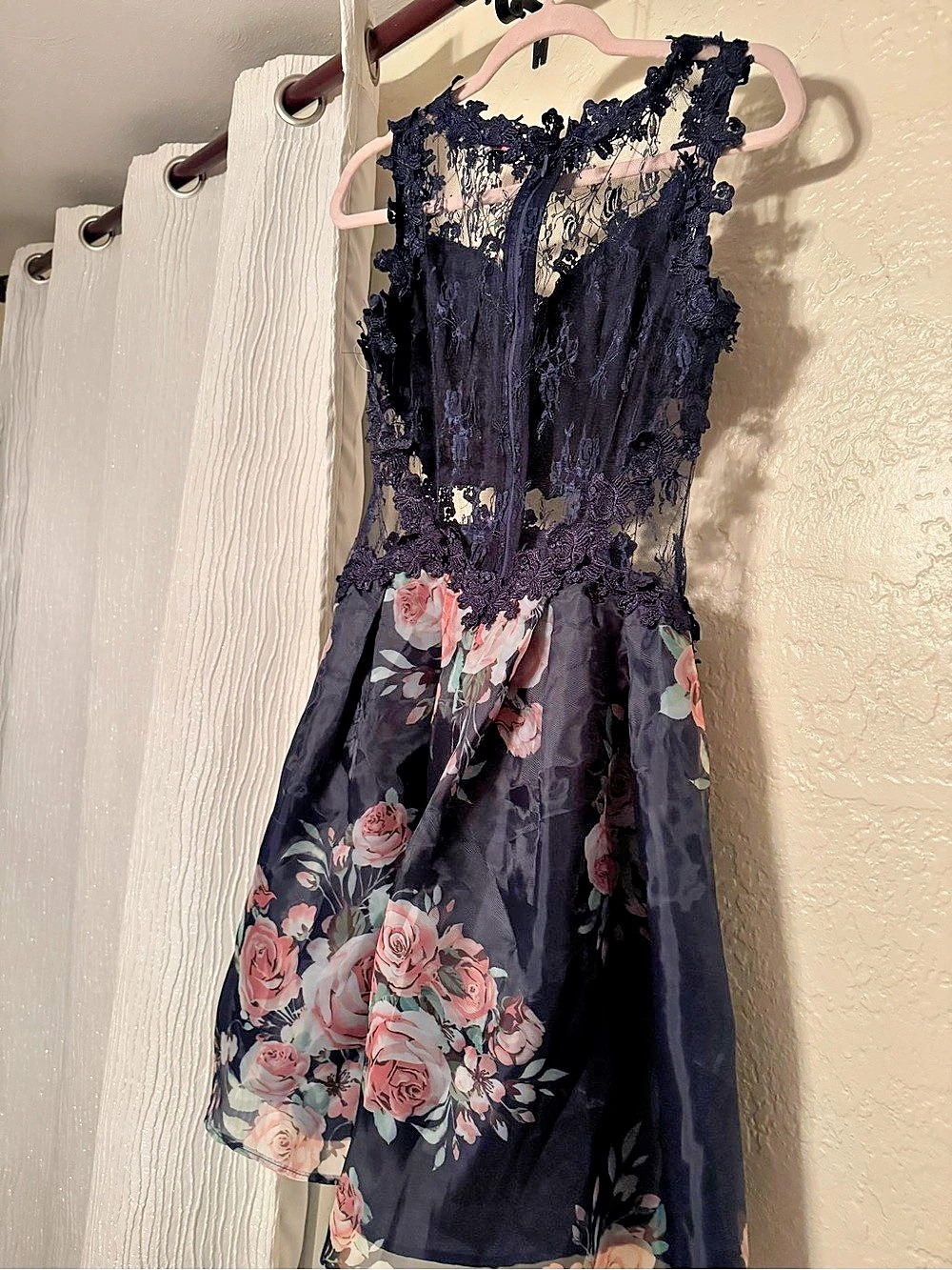 PROMGIRL Girls Floral Lace Mini Dress Black & Pink Size Medium